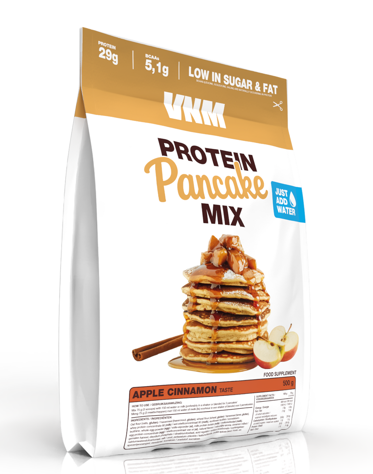 VNM Protein Pancake Waffle Mix Apple Cinnamon verpakking met hoge eiwitwaarde en laag suikergehalte