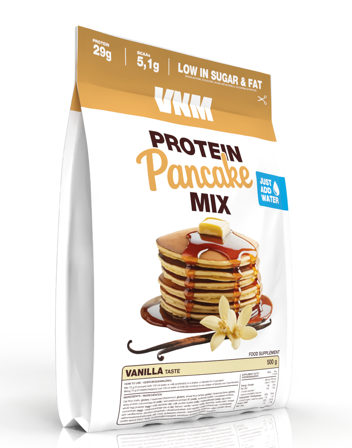VNM Protein Pancake Waffle Mix Vanilla verpakking met 29 gram eiwit per portie