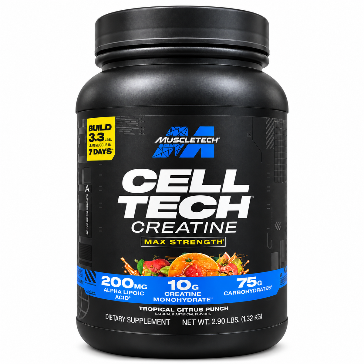 MuscleTech Cell-Tech Creatine Tropical Citrus Punch 1,32 kg op witte achtergrond
