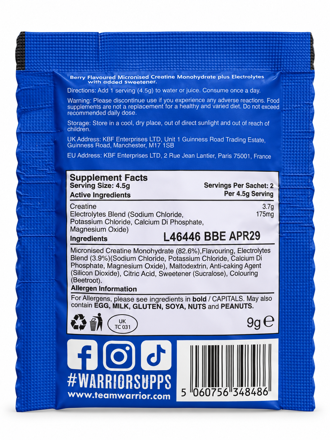 Warrior Creatine + Electrolytes Mixed Berry sachet ingrediënten en dosering achterkant