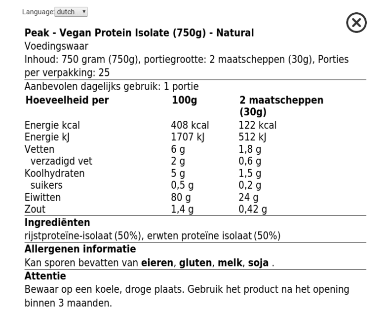Peak Soy protein nutrition Facts label