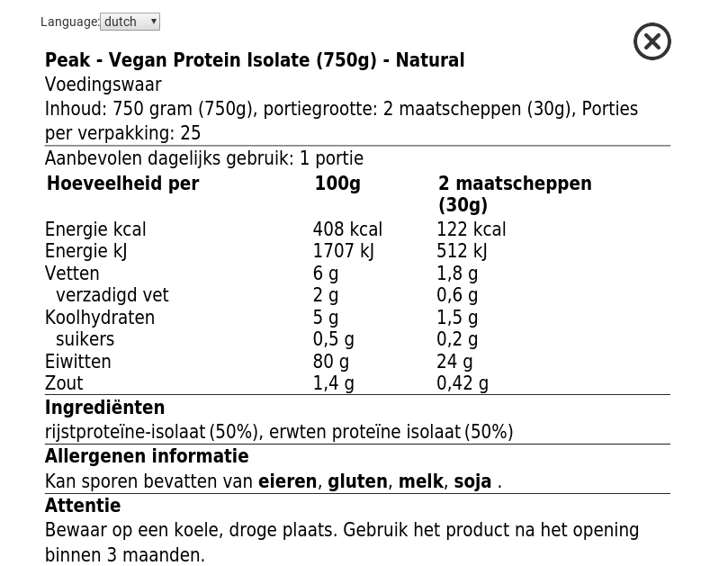 Peak vegan protein nutrition facts, label