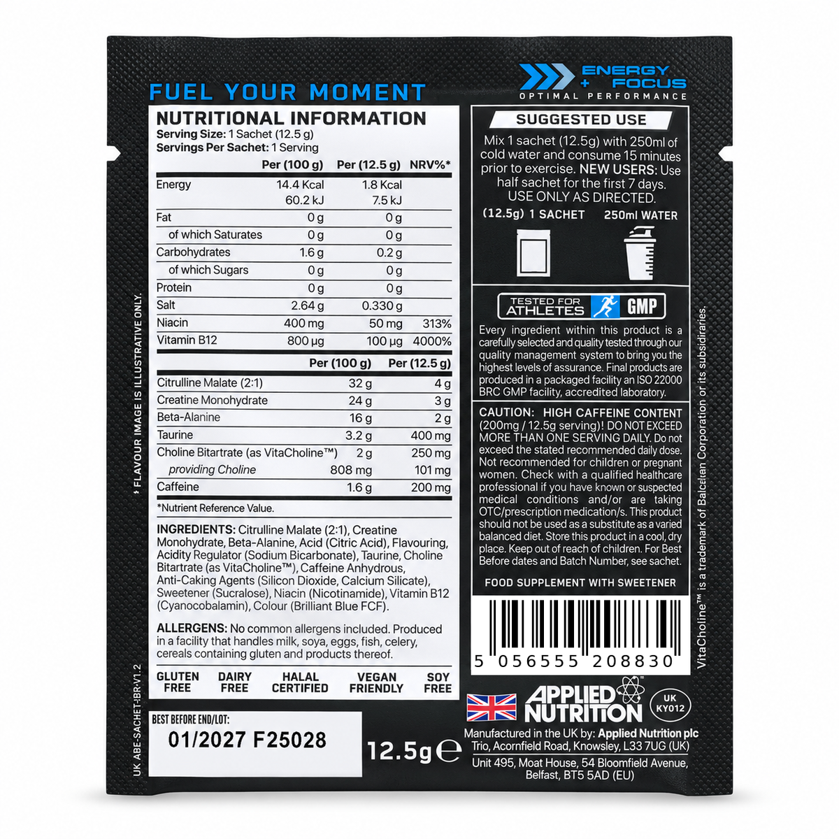 Applied Nutrition ABE Ultimate Pre-Workout Icy Blue Raz 12,5g sachet achterkant