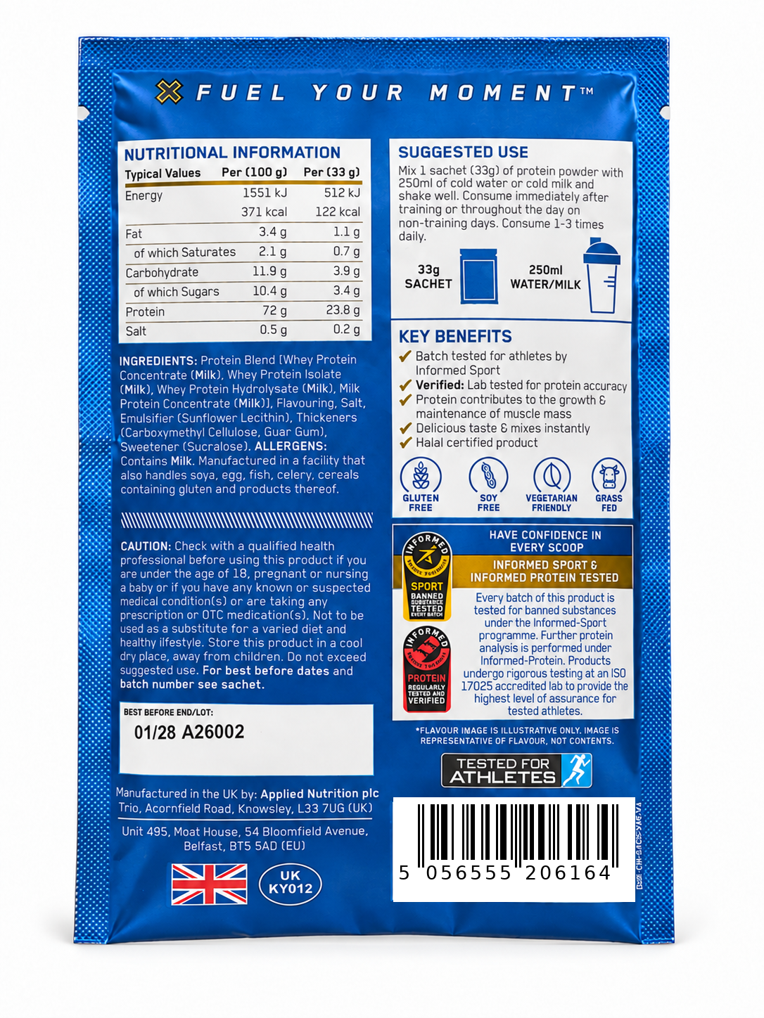 Applied Nutrition Critical Whey Vanilla Ice Cream 33g sachet achterkant met voedingswaarden