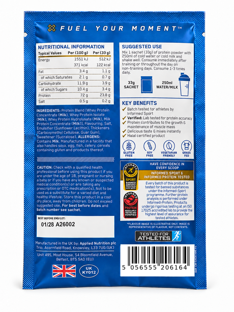 Applied Nutrition Critical Whey Vanilleeiscreme, 33g Beutel, Rückseite mit Nährwertangaben