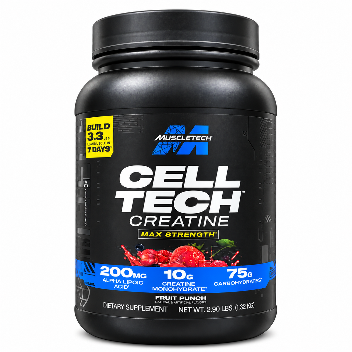 MuscleTech Cell-Tech Creatine Fruit Punch 1,32 kg op witte achtergrond