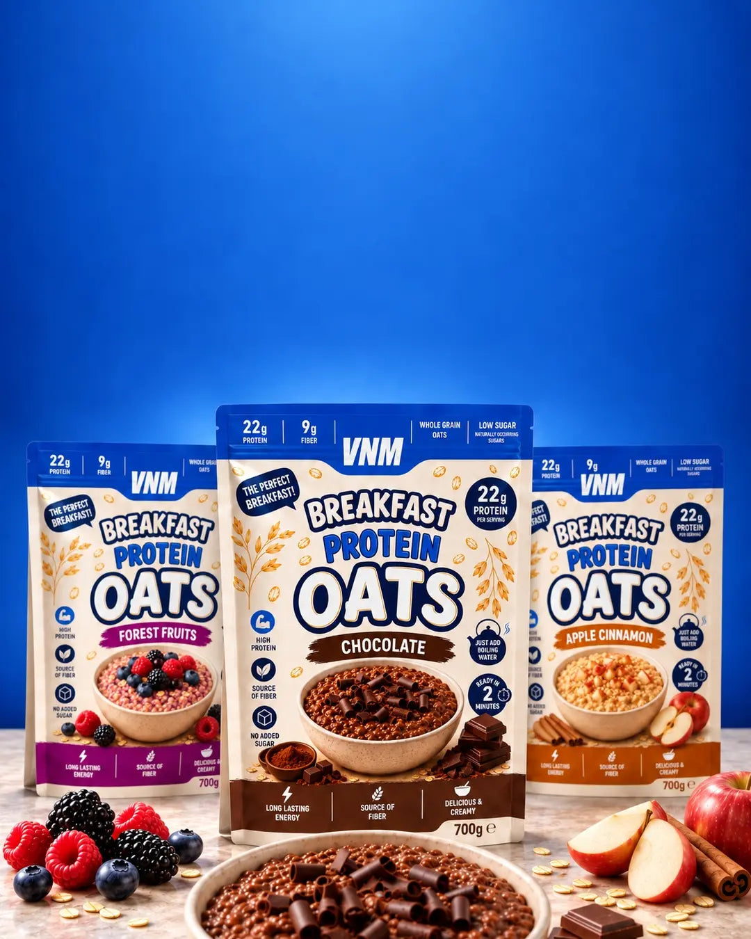 Drie smaken VNM Breakfast Protein Oats