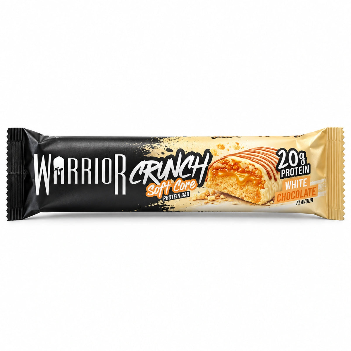 Warrior Crunch Soft Core Hvid Chokolade på en hvid baggrund