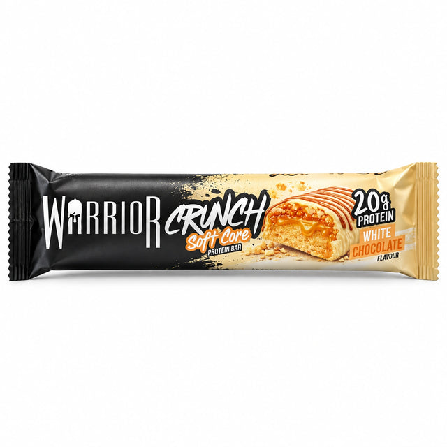 Warrior Crunch Soft Core Hvid Chokolade på en hvid baggrund
