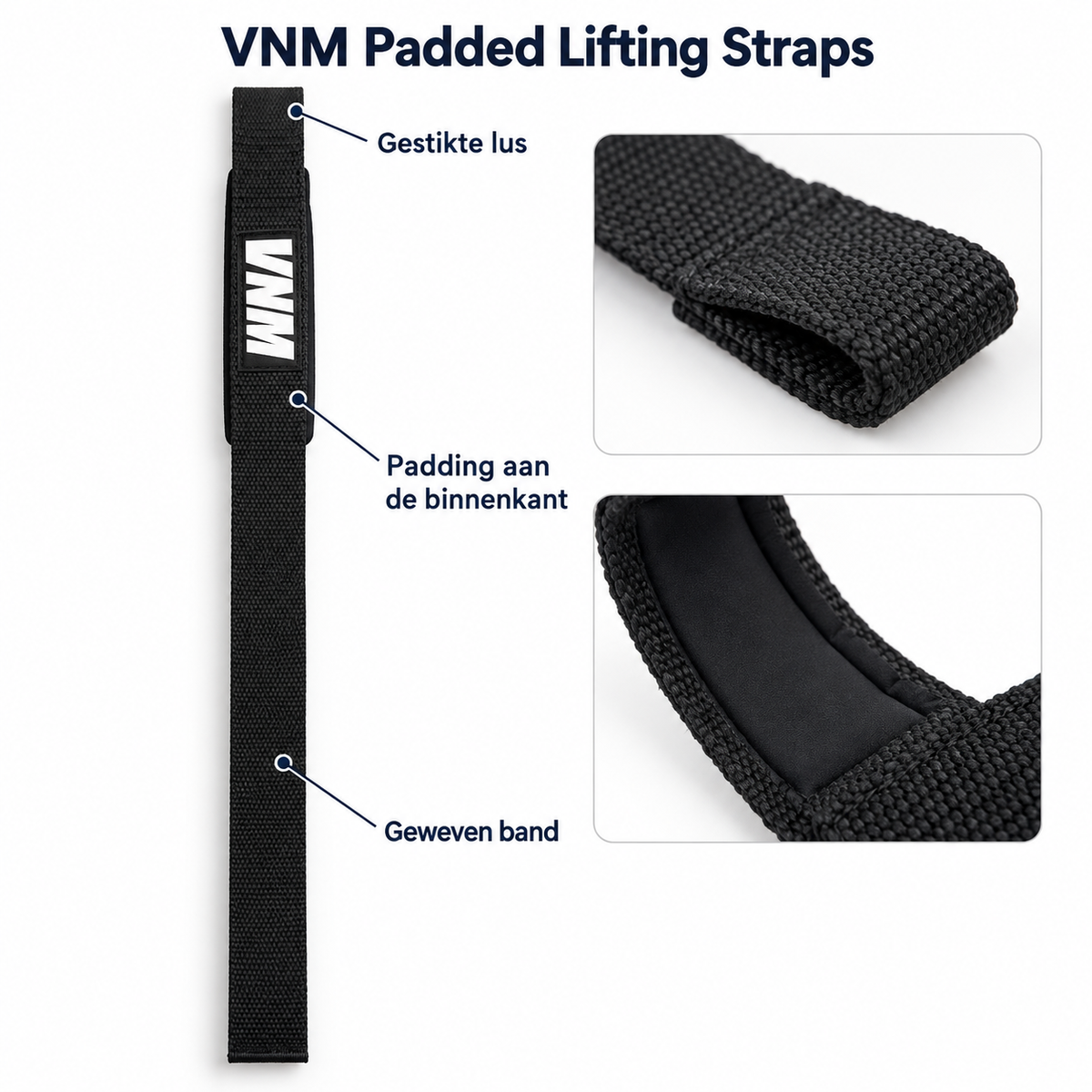 Details van de geweven band, gestikte lus en polspadding van VNM Padded Lifting Straps