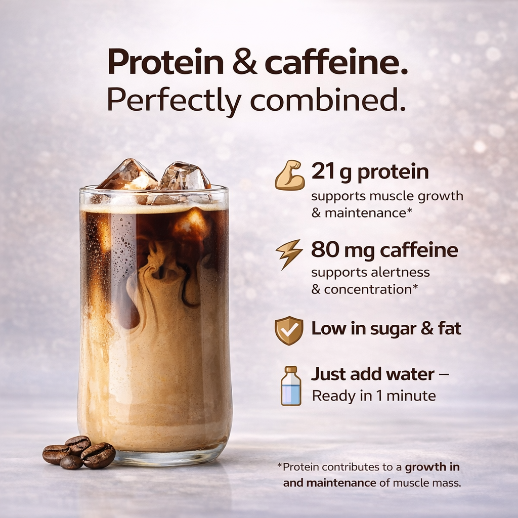 Protein iced coffee met 21g eiwit en 80 mg cafeïne per serving