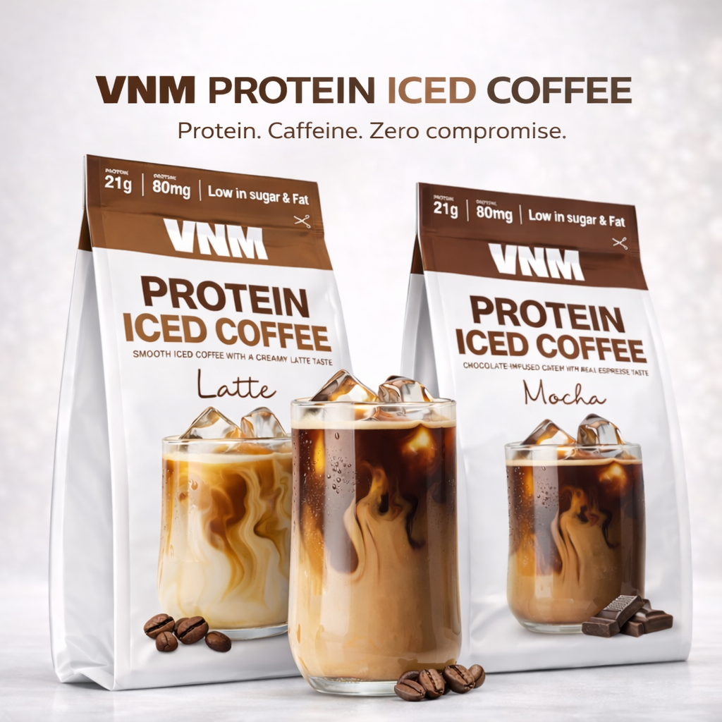 VNM Protein Iced Coffee Latte en Mocha verpakkingen naast elkaar