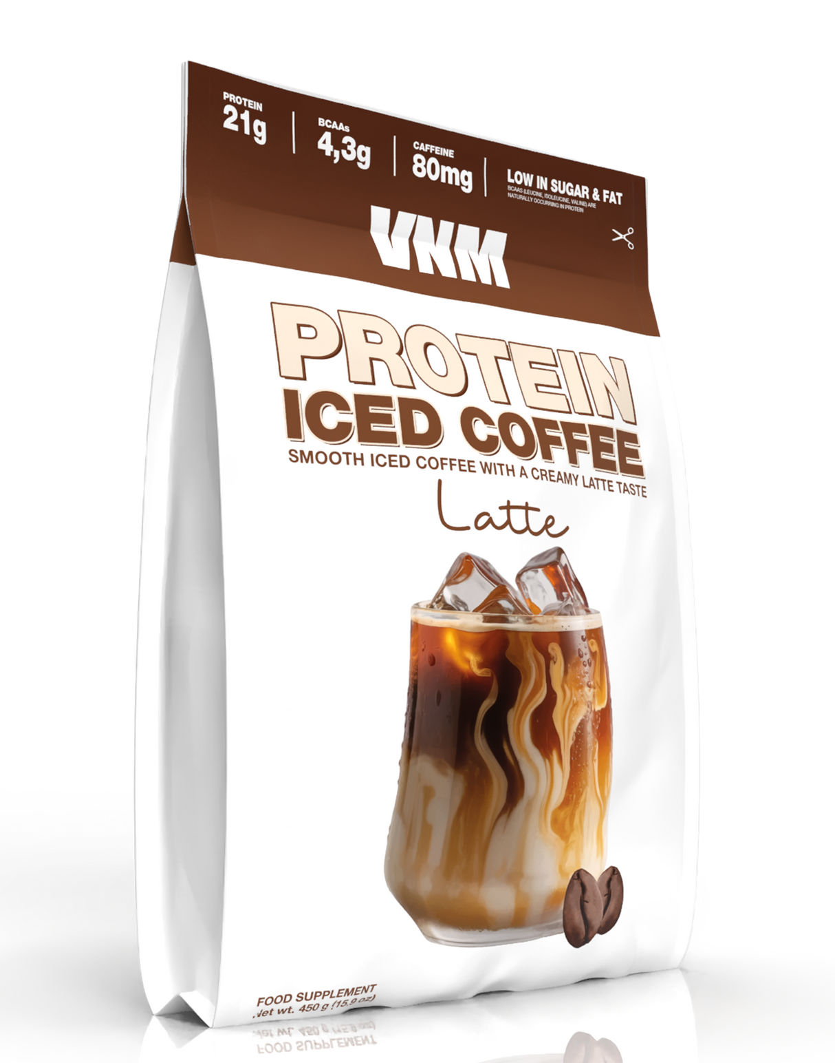 VNM Protein Iced Coffee Latte verpakking met 21g eiwit en 80 mg cafeïne