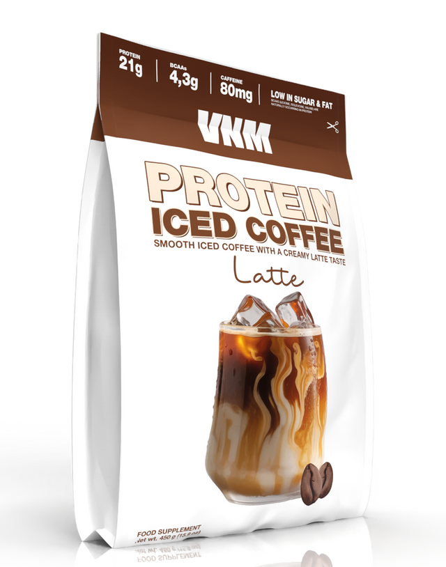 VNM Protein Iced Coffee Latte verpakking met 21g eiwit en 80 mg cafeïne