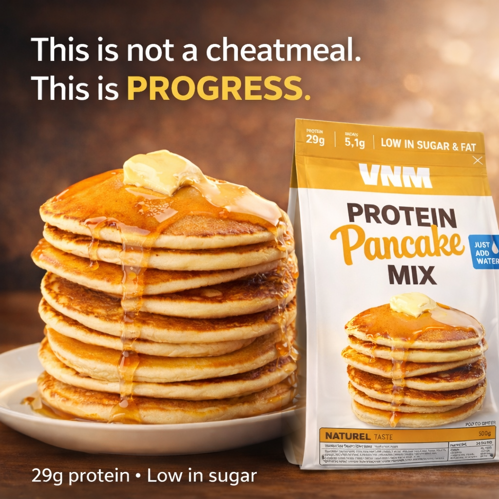 VNM Protein Pancake Mix met hoge eiwitwaarde, laag in suiker en vet, geschikt voor sporters