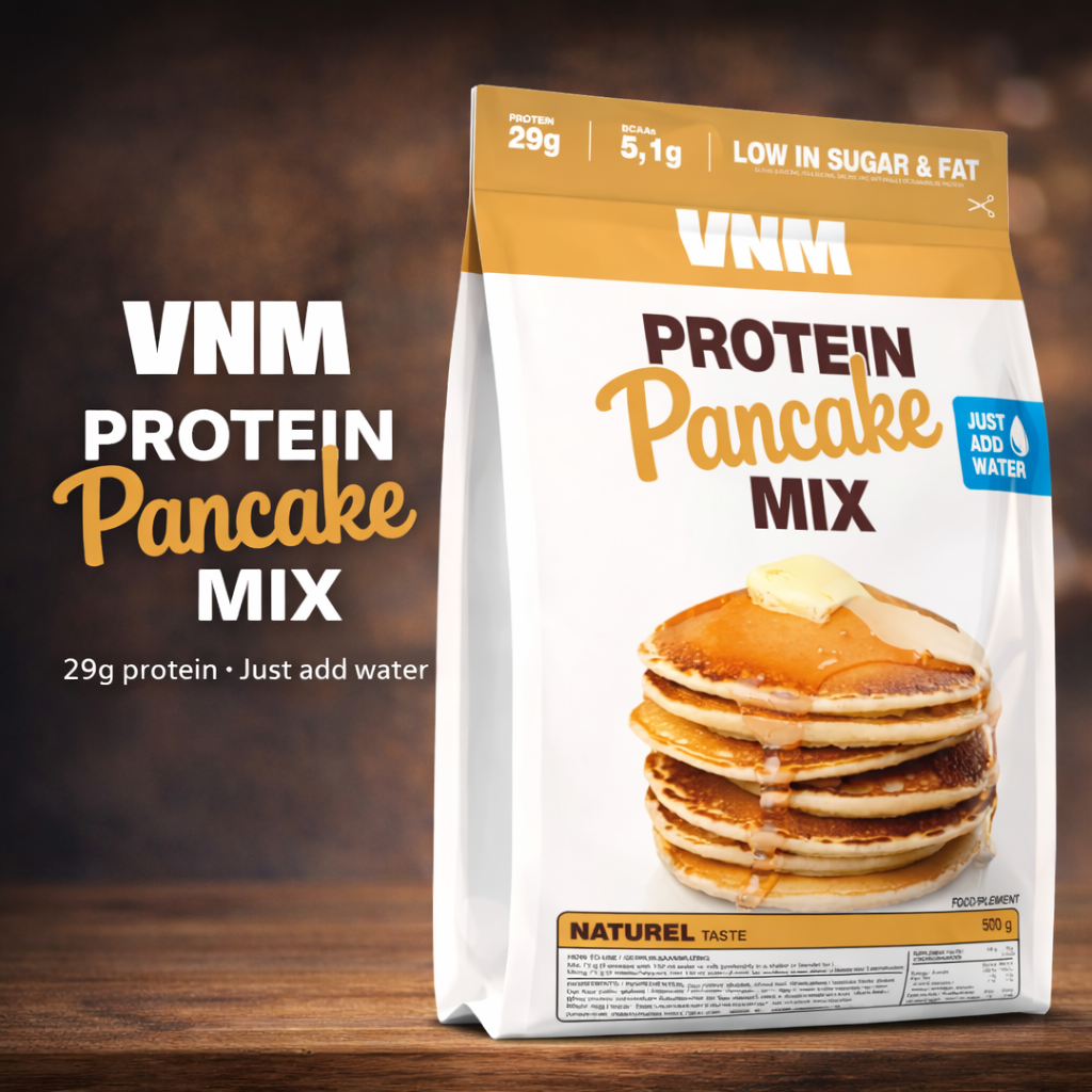 VNM Protein Pancake Mix met 29 gram eiwit per portie, makkelijk te bereiden met alleen water