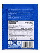 Warrior Creatine + Electrolytes Mixed Berry sachet ingrediënten en dosering achterkant