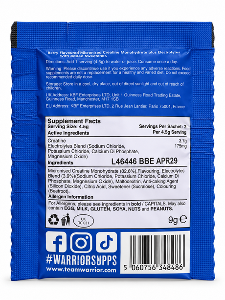 Warrior Creatine + Electrolytes Mixed Berry sachet ingrediënten en dosering achterkant