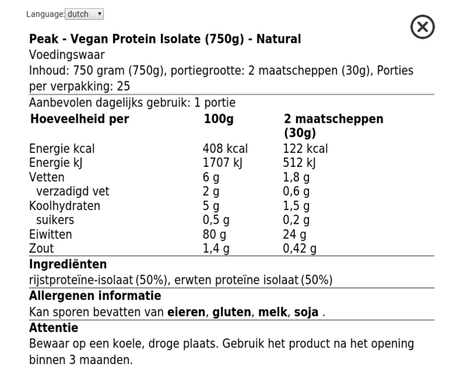 Peak Soy protein nutrition Facts label